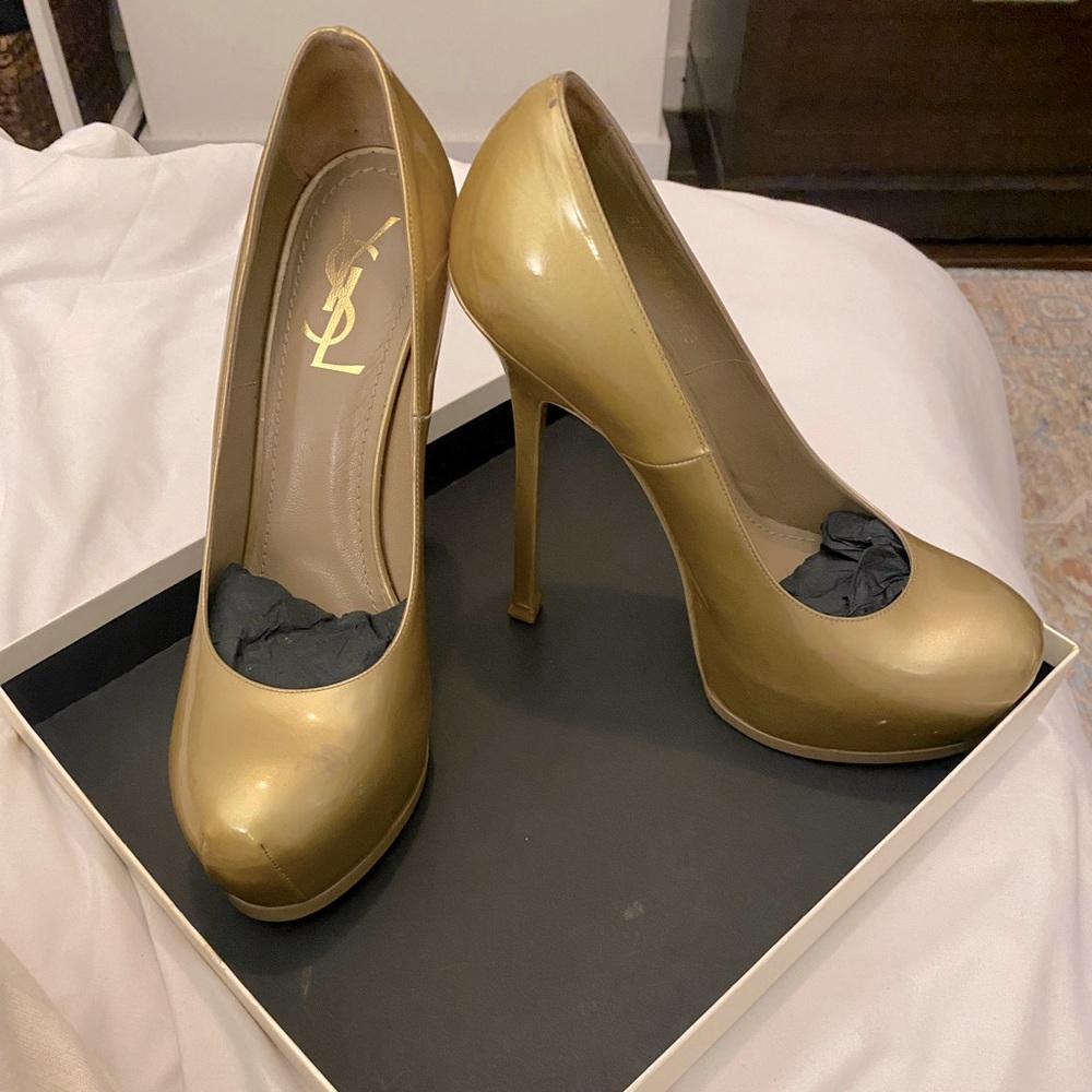Brand New w/ Box YSL Gold Platform Luxury Designer Heels | Yves Saint Laurent